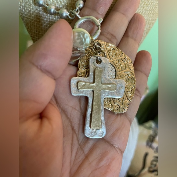 Silver Beaded Necklace with Cross Pendants - Picture 7 of 9